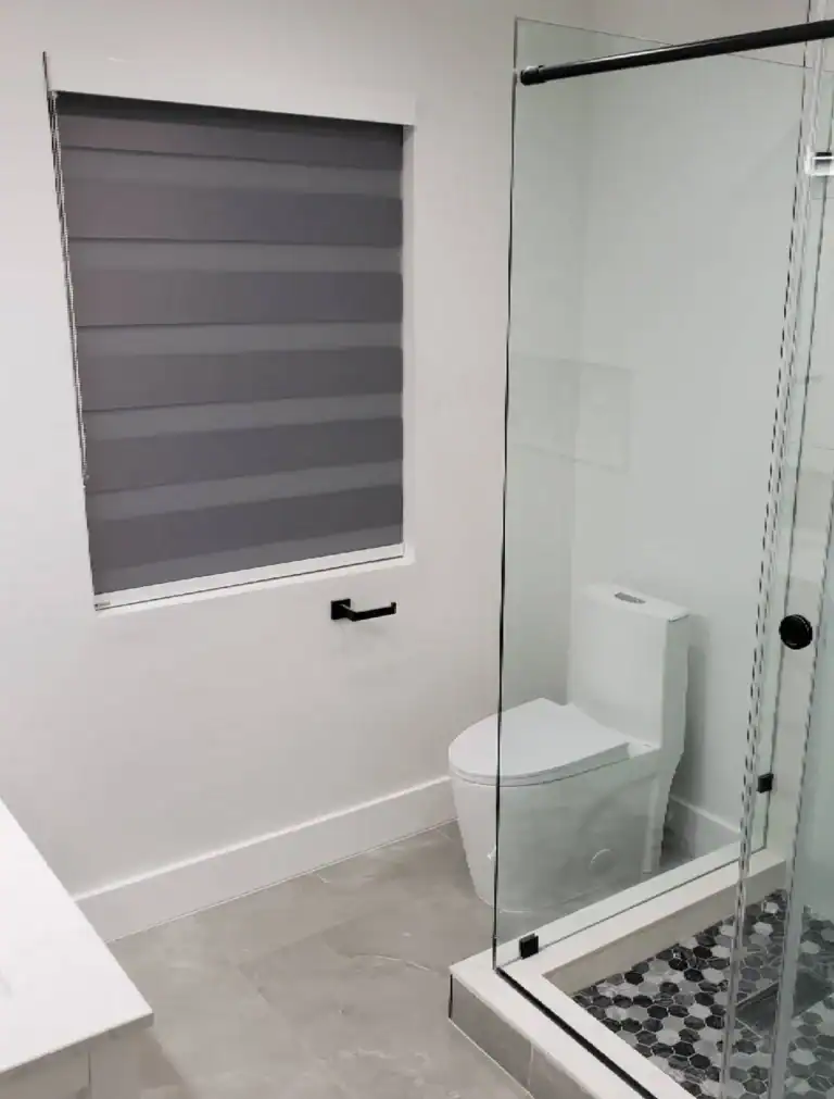 Modern bathroom renovation featuring frameless glass shower and contemporary finishes