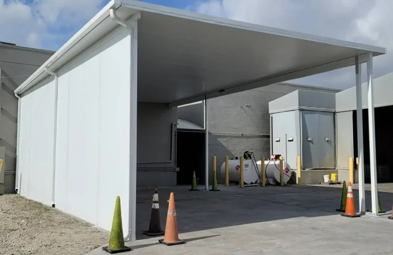 Aluminum canopy installed over commercial loading dock